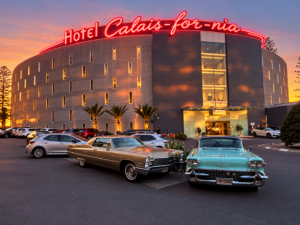 Neon Hotel Calais-for-nia at Dusk